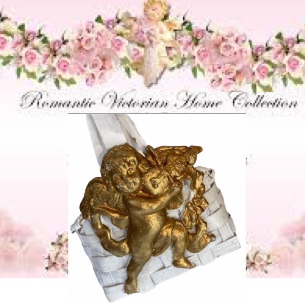 Romantic Angel Cherub Basket Victorian Gold Angels White Handcrafted Basket